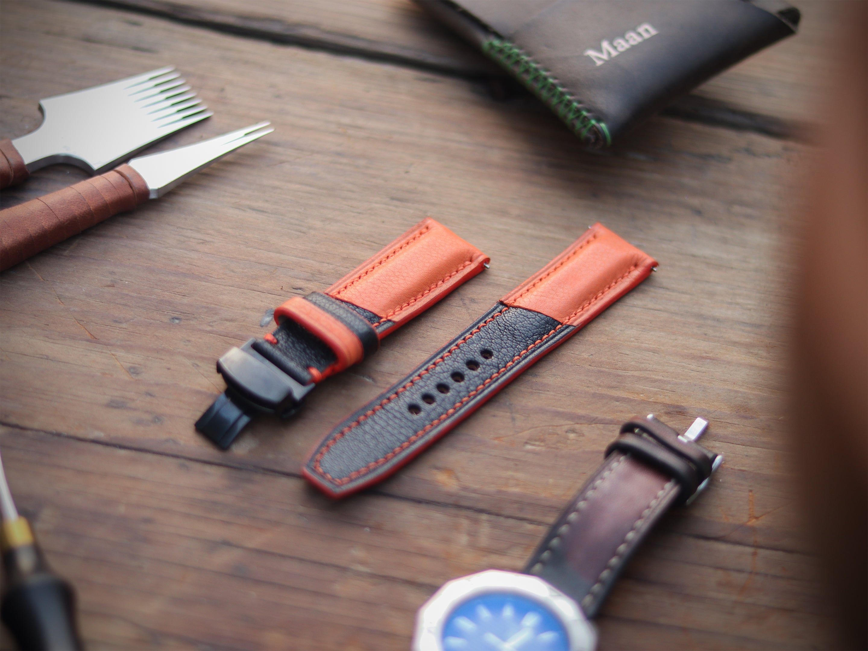 TANGERINE ORANGE & BLACK ITALIAN CHEVRE LEATHER WATCH STRAPS - PADDED